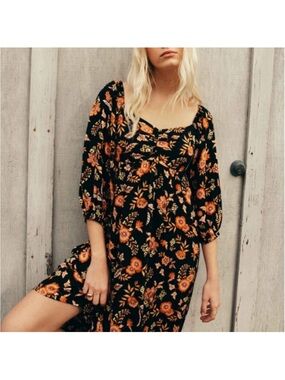 Billabong Black Swept Away Midi Dress with Orange Floral Print